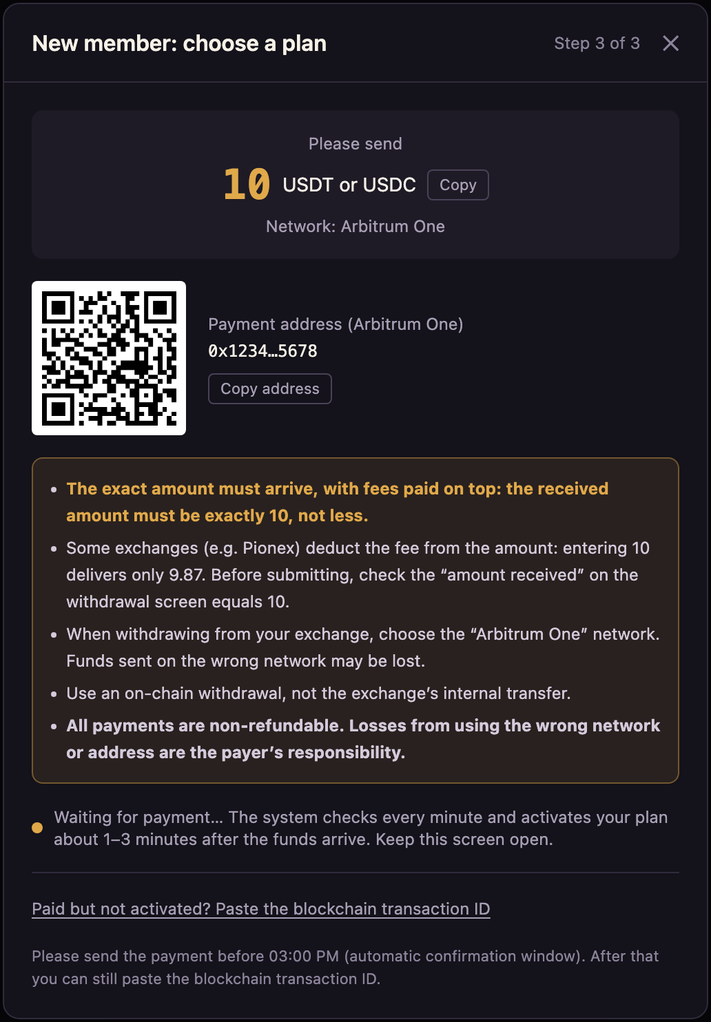 The app shows the deposit address, QR code and amount due