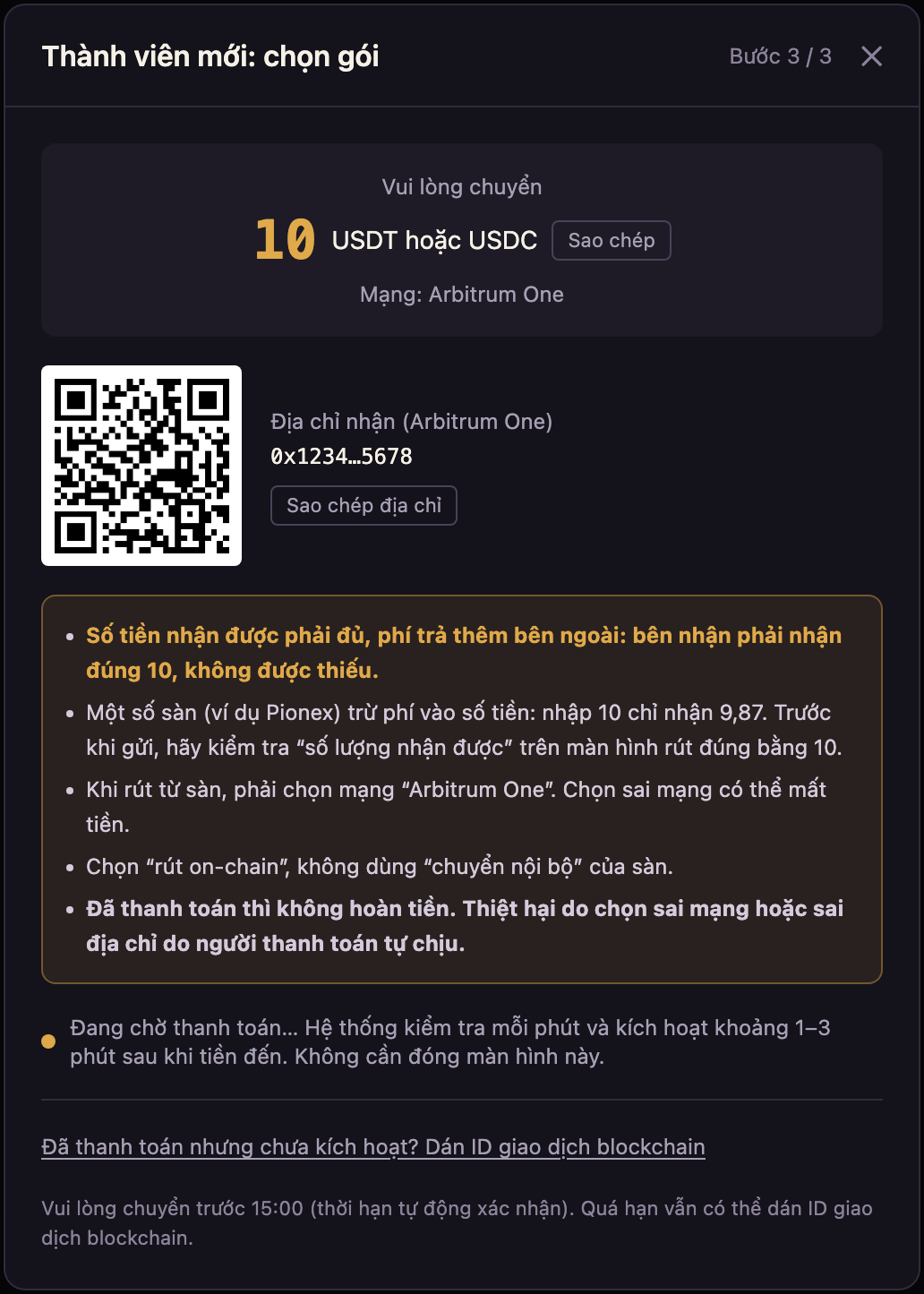 Ứng dụng hiển thị địa chỉ nhận tiền, mã QR và số tiền cần trả